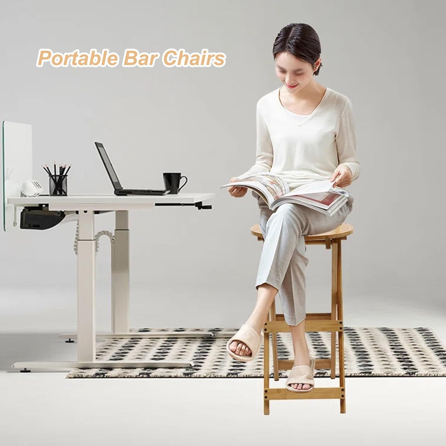 Folding Bamboo Stool, Kitchen High Stool with Back and Footrest, Portable Breakfast Chair for Home Garden Indoor Outdoor (Color : 1Pc, Size 45cm/18in) (1pc 74cm/29in)