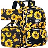 ZLYERT 3Pcs Girls Backpack, 17 Inch Sunflower School Bookbag with Lunch Box, Durable Floral Laptop Backpack Set for Teens College(Yellow)
