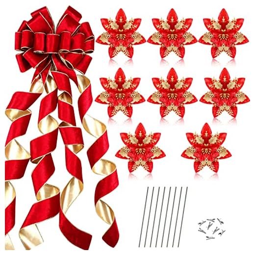 Dingion x 13'' Red Big Christmas Tree Topper Red Large Velvet Bow with Long Streamers Christmas Tree Ornaments with 8 Pcs 5.5 Inch Artificial Gold Red Poinsettia Flowers Decorations Christmas Decor