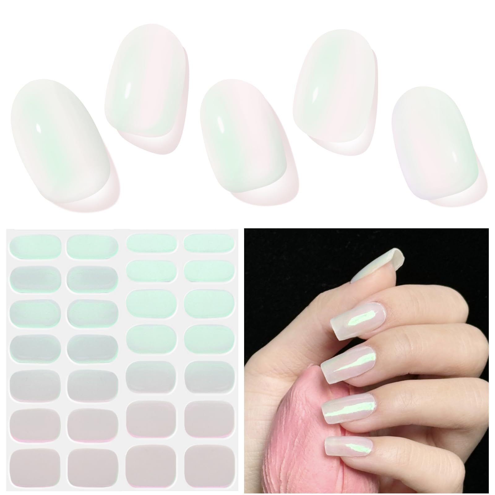 DUKASOU Semi Cured Gel Nail Strips, Aurora Green | 28 pcs Gel Nail Strips Work with Any UV Lamp, Salon Quality UV Nails Stickers, Easy to Apply for