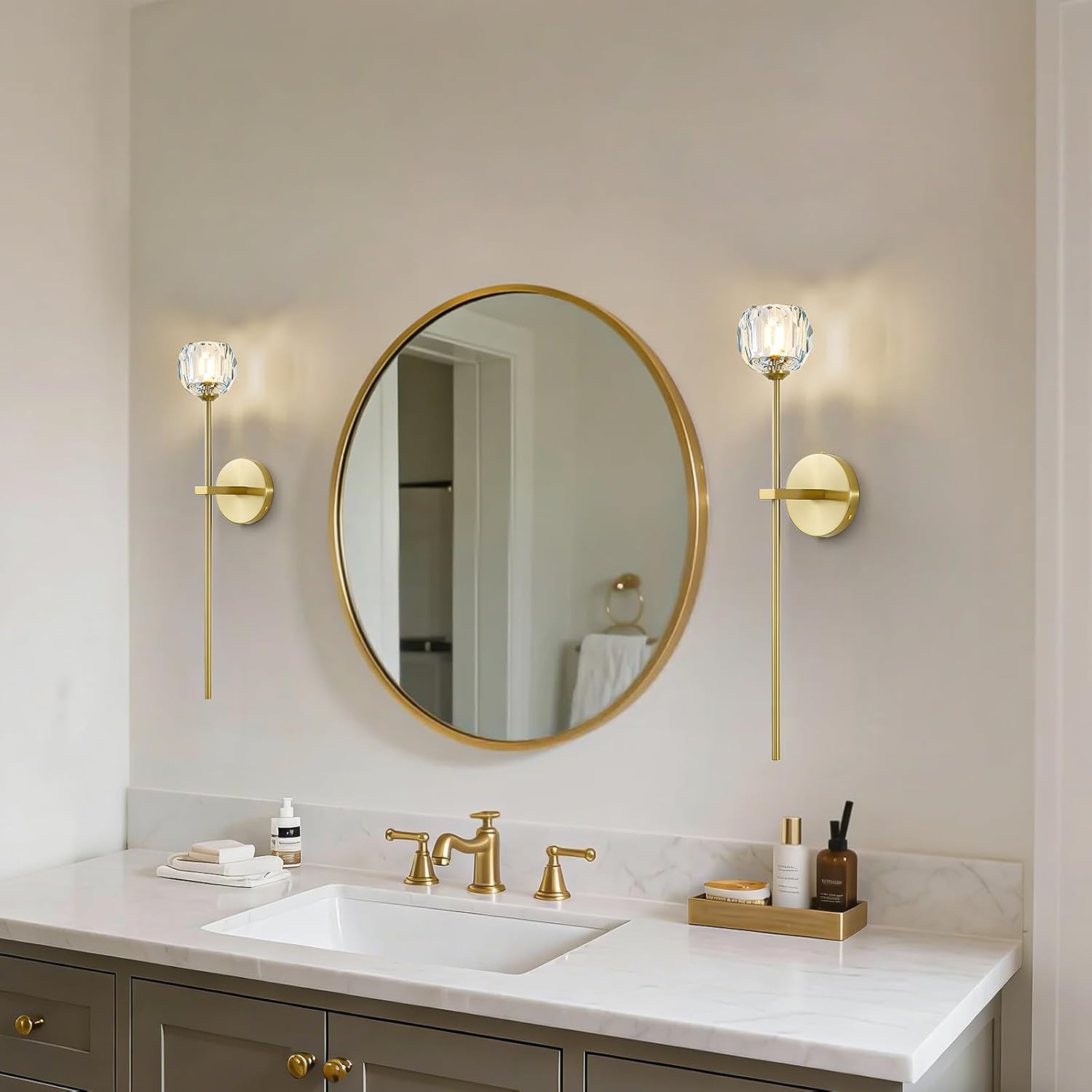 Gold Crystal Wall Sconces Set of Two with G9 Bulbs, Mid Century Modern Diamond Decor Light Brass Vintage Long Lighting Fixture Hardwired for Elegant Vanity Living Room Bedroom Bathroom Hallway