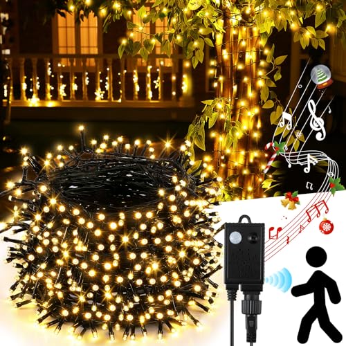 Enhon Christmas Lights Outdoor with 4 Cheerful Music, 500 LEDs 164ft Waterproof Christmas String Fairy Lights with Infrared Motion Sensor Controller for Xmas Outdoor Tree Party Decoration (Warm White)