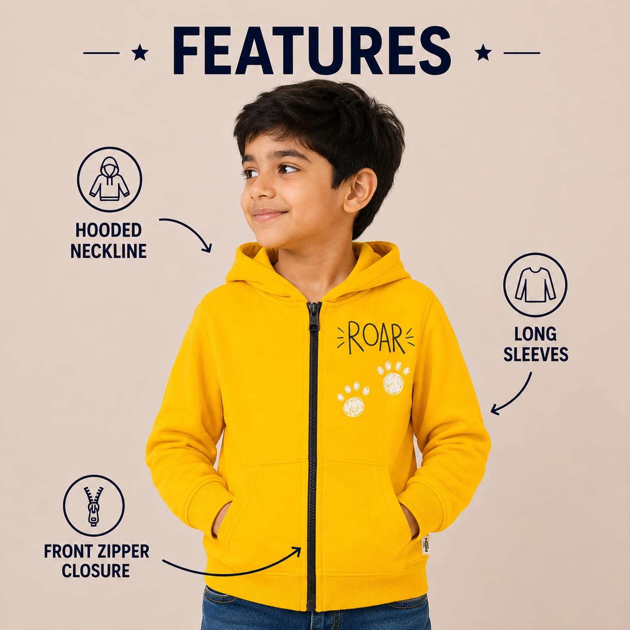 The Mom Store Unisex Fleece Hooded Neck Regular Fit Hoodie (ZPJK-ROR-0-6_Roar Zipper_Yellow_0 Months-6 Months) 1