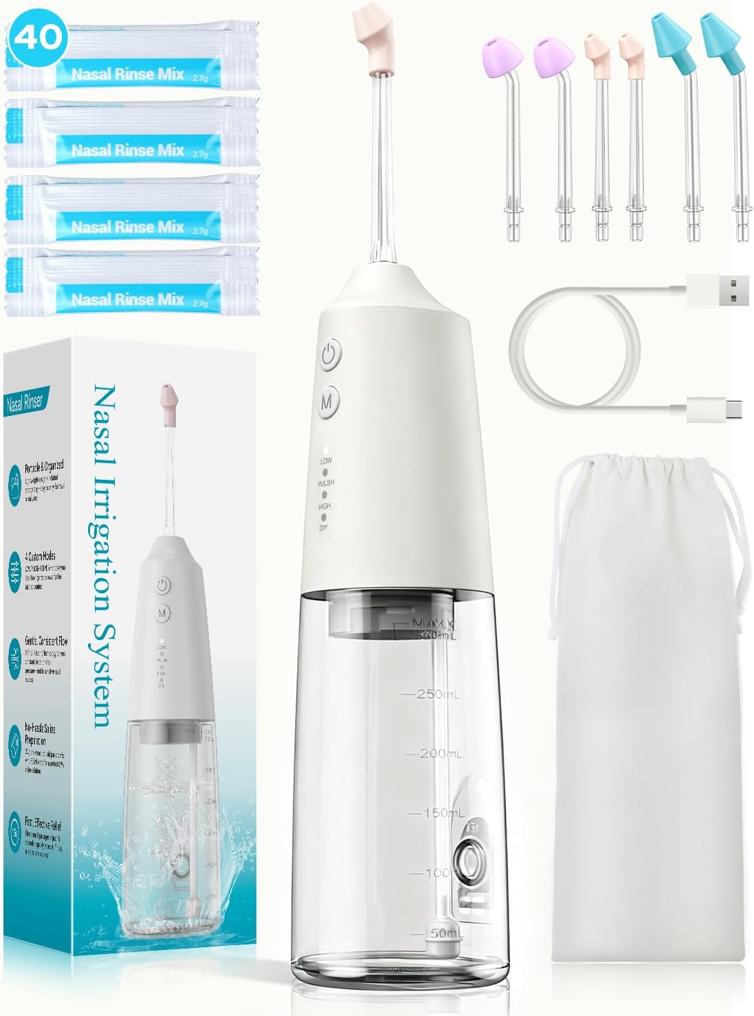 Nasal Irrigation System 300ml Tank with 6 Nozzles & 40 Salt Packets, Cordless Electric Nasal Rinse Machine for Sinus Relief & Allergies, Neti Pot with Customizable DIY Mode for Adult & Kid IPX7