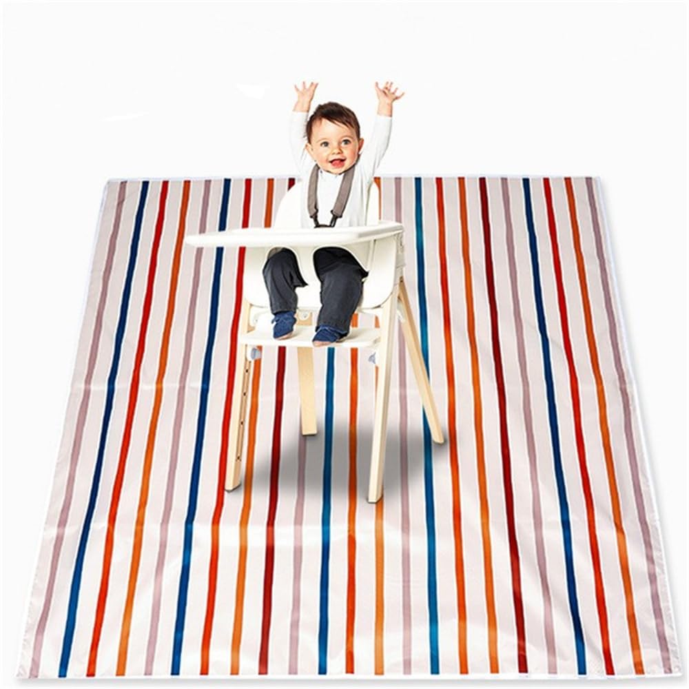 Treer Splash Mat for Under Highchair, 43" Baby Splat Mat Waterproof Anti Slip High Chair Spill Mat, Creative Easy Clean Washable Weaning Mess Play Mat Tablecloth Picnic Mat (Color Stripes)