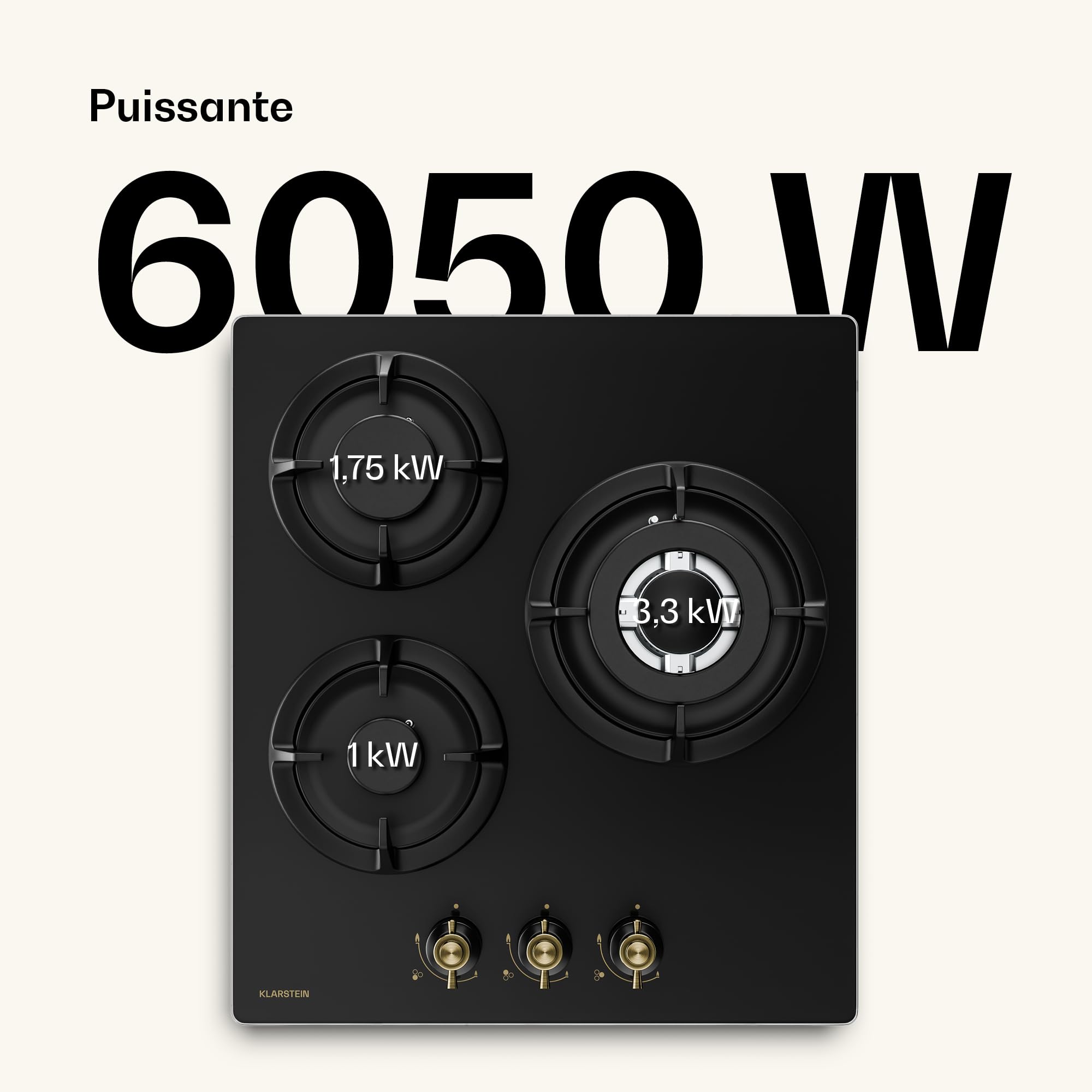 Klarstein Victoria Plaque De Cuisson Gaz 3 Feux, 6050W, 45cm, Verre, Allumage Électrique, Sécurité Flamme, Compatible GPL & Gaz Naturel, Style Rétro, Kit Inclus, Noir