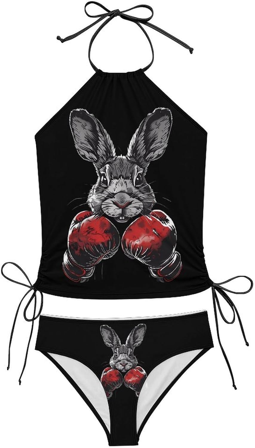 Funny Boxing Rabbit Women's Tankini Swimsuit Two Piece Tummy Control Bathing Suits Tie String Swimwear