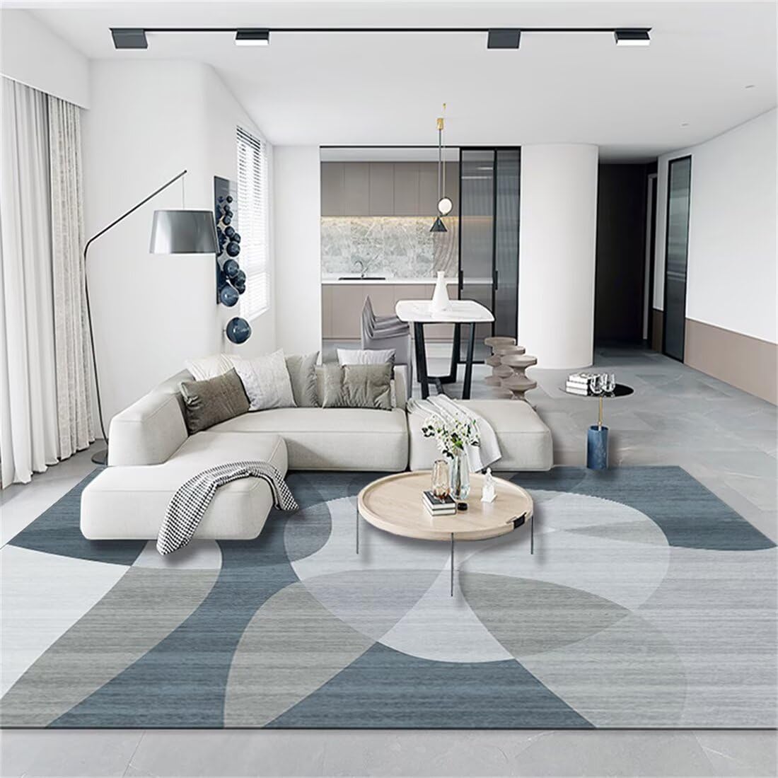 Tapis bebe fille bleu gris anti-froid, grand tapis geant motif geometrique moderne 160x280cm