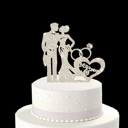 KIPETTO Mr and Mrs - Decoración para tarta de boda, aleación de cristal brillante, diamantes de imitación para novia y novio, corazón de amor, para