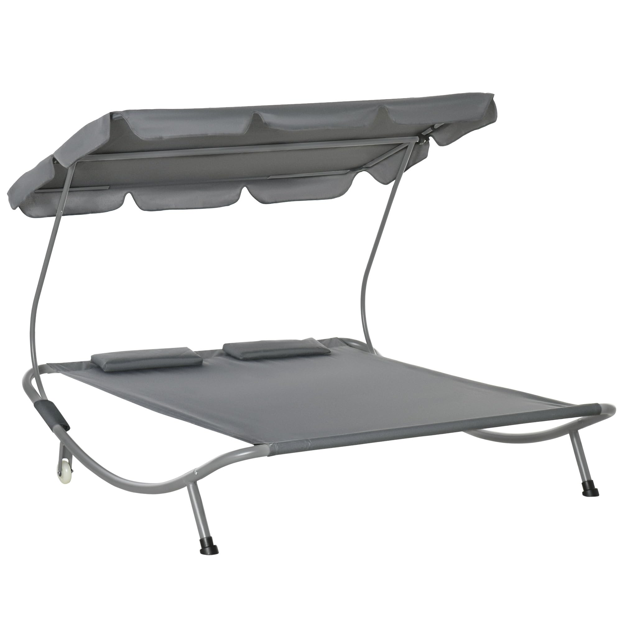 Outsunny Tumbona Doble de Jardín con Toldo Ajustable Tumbona de Jardín Exterior con 2 Cojines para 2 Personas Tumbona de Piscina con 2 Ruedas 200x175x134 cm Gris