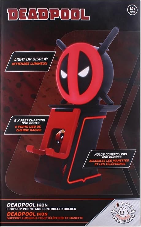 Exquisite Gaming Kablo Adamları LED Simgeleri: Marvel Deadpool - Şarj Telefonu ve Kumanda Tutucu - Işıklı Oyun Kumandası/Cep Telefonu/Cihaz Şarj Tutucu, 4' Şarj Kablosu Dahil