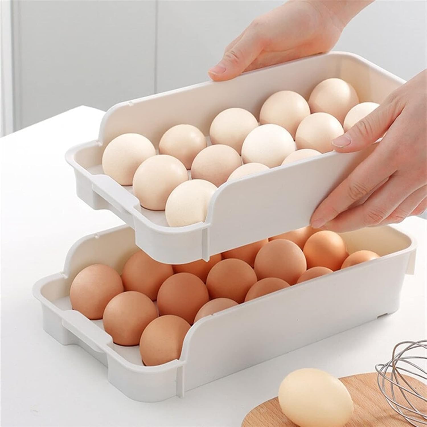 Egg Container for Refrigerator, 15 Grid Egg Holder for Refrigerator, Plastic Egg Containers Fridge Egg Tray Egg Drawer, Stackable Egg Container for Refrigerator