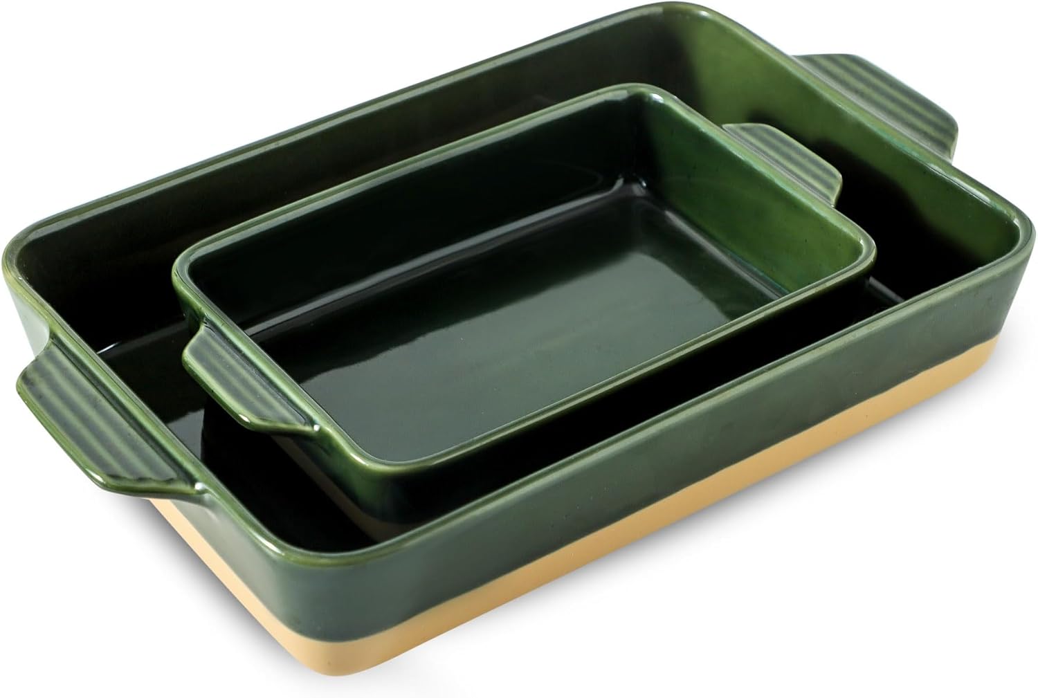 Ceramic Baking Casserole Dish with Handles, Large 9x13 inch Pan and Middle Baking Pan - Porcelain Serving Bakeware Set (Forest Green) - Thumbnail 3