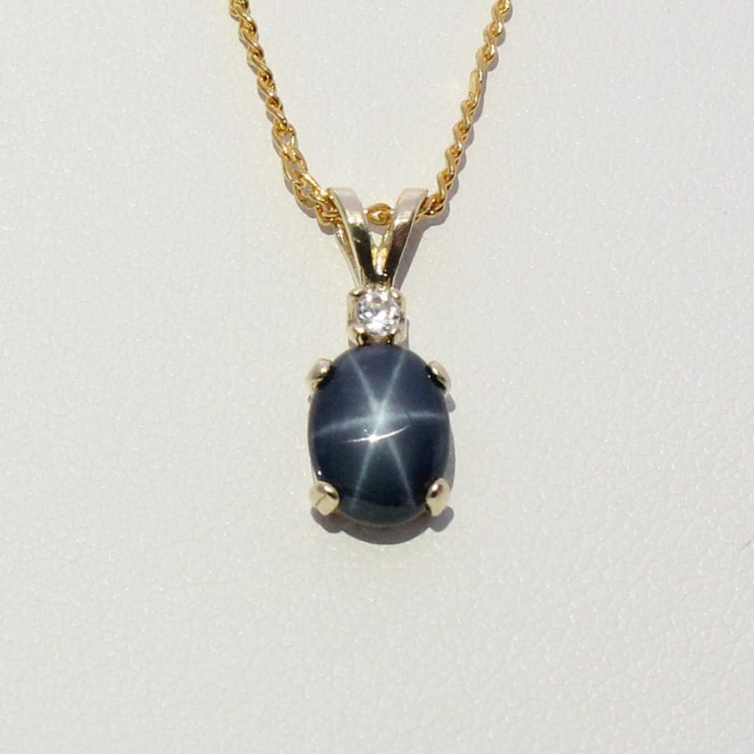 Genuine Blue Star Sapphire Necklace Solid 14K Yellow Gold/Oval-Shaped