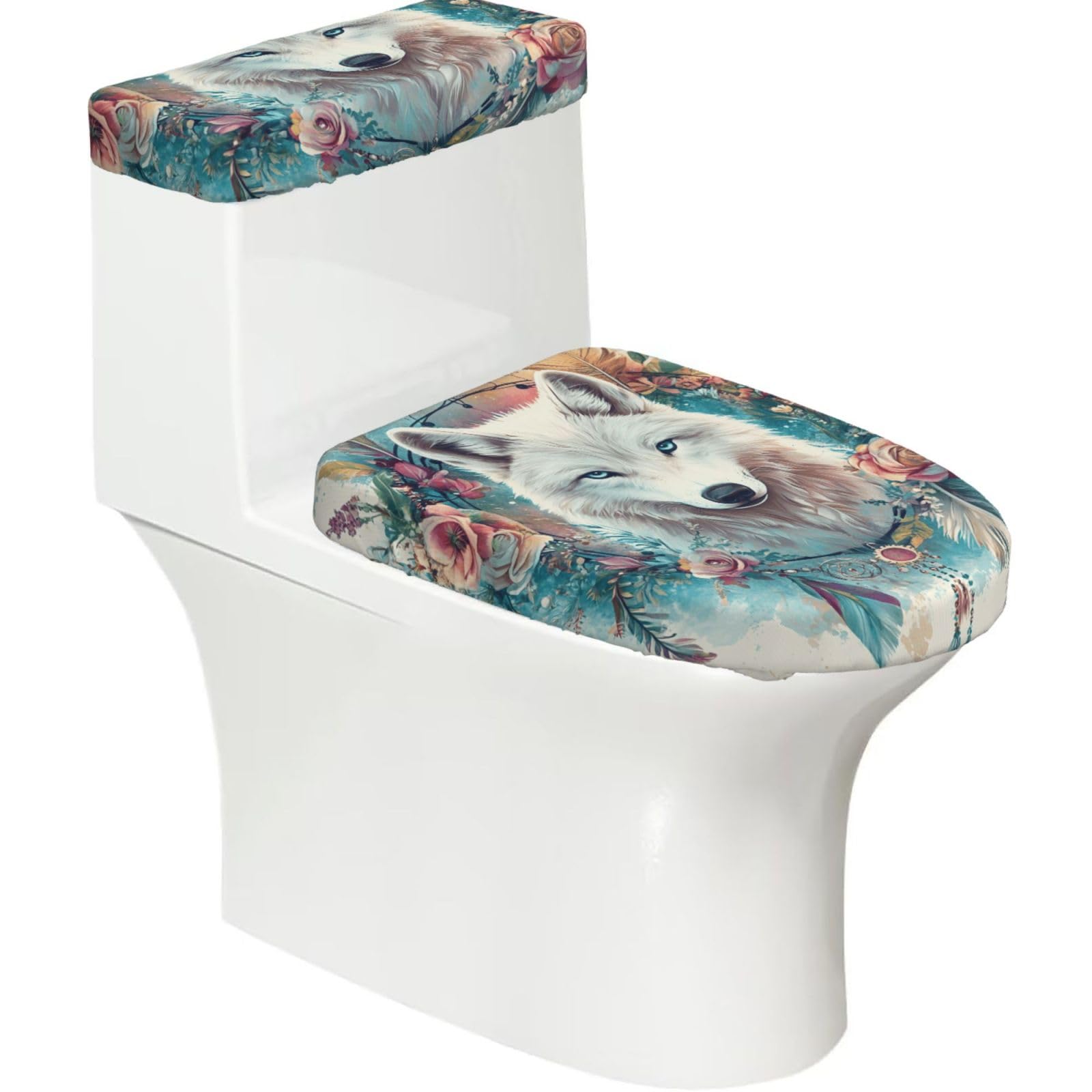 X Psblty Floral Wolf Toilet Seat Cover Set 2 Piece Bathroom Decor Toilet Lid Cover With Tank Top Cover Stretch Fit Soft Fabric For Home 15-21 Inch