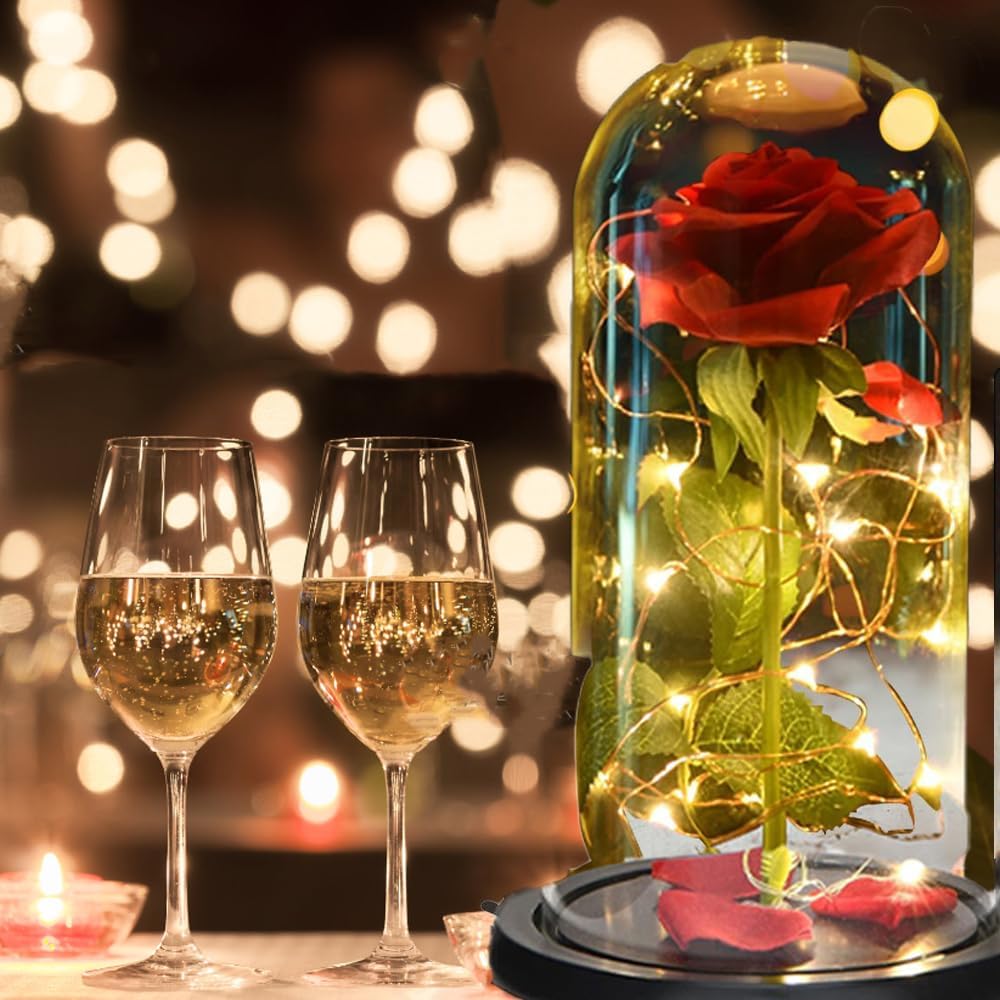 Beauty and The Beast Rose in Glass Dome, Preserved Rose Enchanted Red Silk Rose Flowers with Colorful LED Light in Glass Dome, Birthday Gift for Mom, Wife, Girlfriend - Image 3