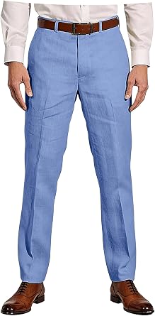 Mens Linen Dress Pants, Slim Fit Straight Leg Flat Front Trousers, Lightweight Breathable Summer Casual