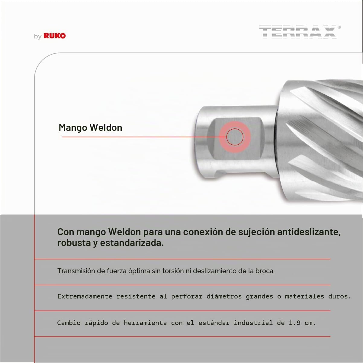 TERRAX A108820 - Juego brocas huecas vástago Weldon 19 mm de 7 piezas (6 brocas huecas + 1 guía-expulsor)