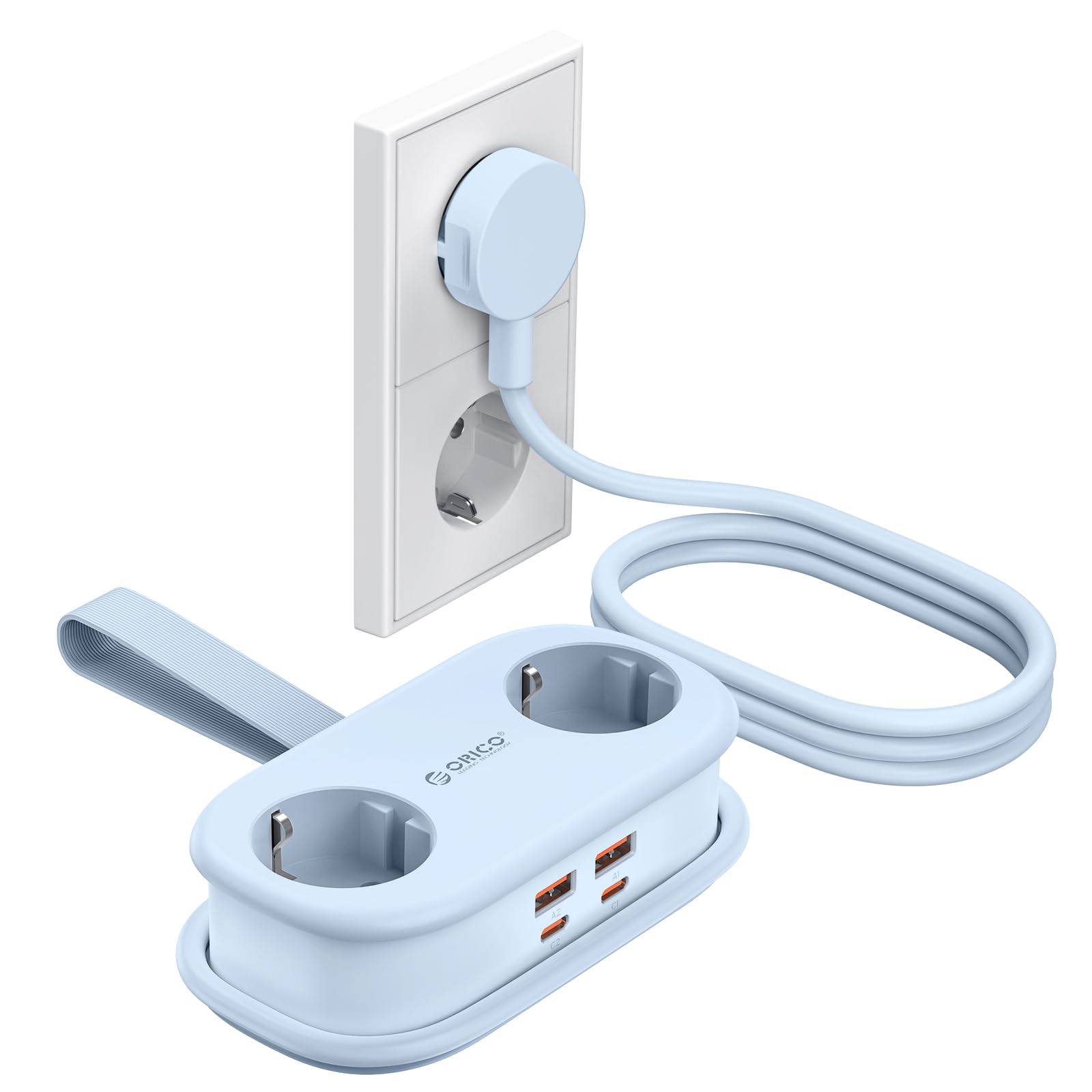 ORICO 65W GaN Reise-Mehrfachsteckdose mit USB C, 6-in-1 Schnelllade-Steckdosenleiste mit 4 USB, Mehrfachstecker 1,6m aufnehmbares Verlängerungskabel für MacBook, iPad, Handy, Reisen - AP3 Blau