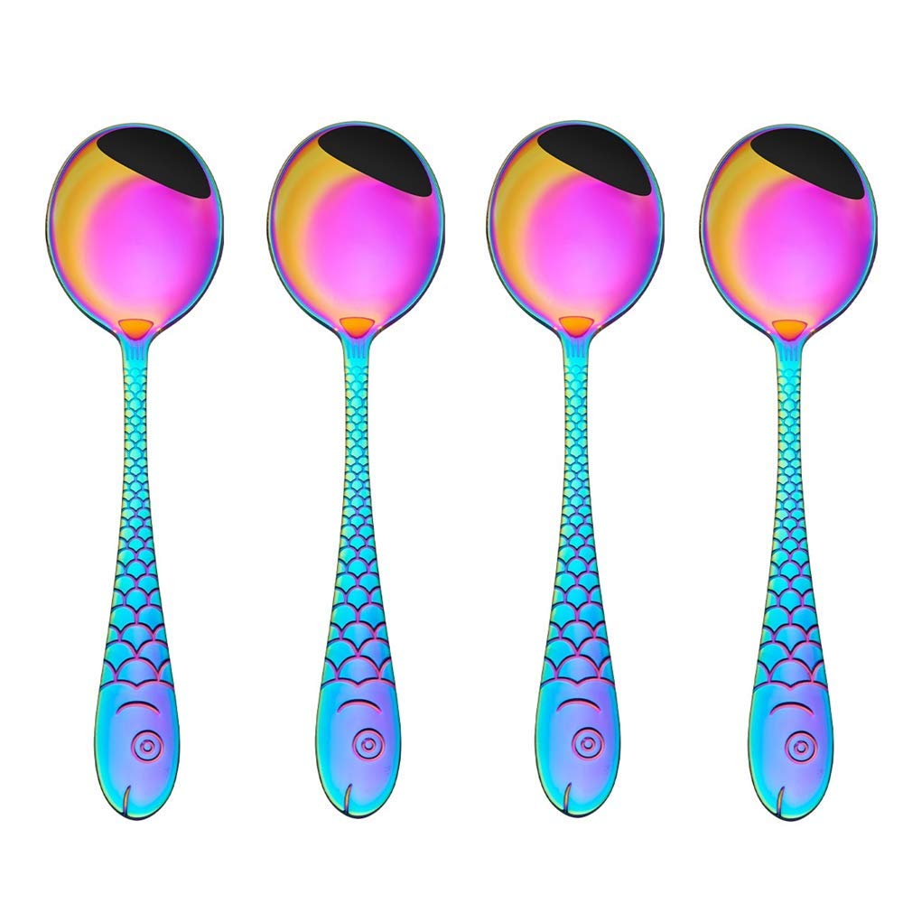Fish Soup Spoon,4PCS Creative Stainless Steel Soup Spoon Coffee Spoons Ice Cream Spoon Perfect for Home and Kitchen (Rainbow)