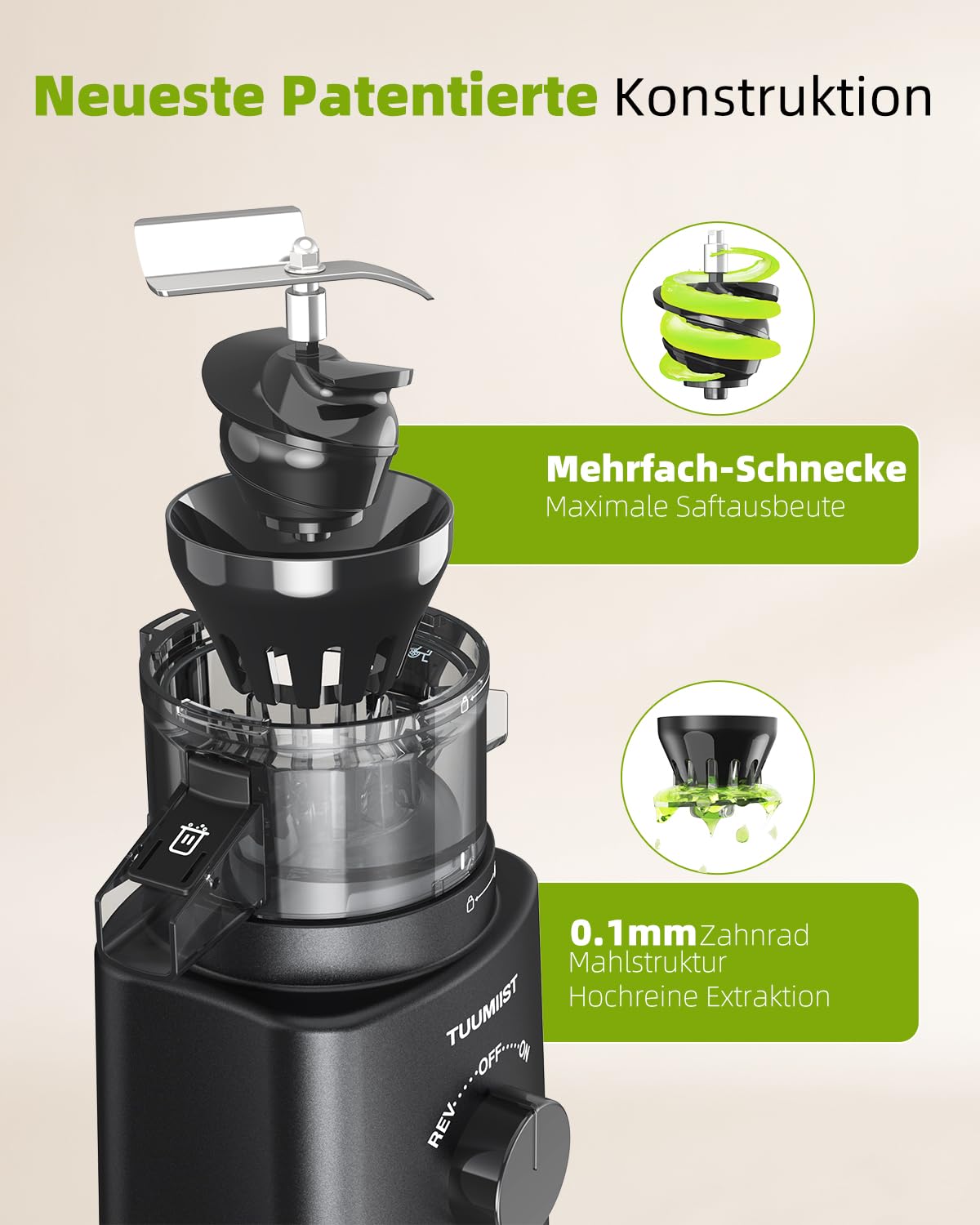 TUUMIIST Entsafter Slow Juicer mit 120 MM kleinem Einfüllschacht, Entsafter Gemüse und Obst Testsieger - Kompakter Saftpresse für den Persönlich, Leicht zu Reinigen, Hohe Saftausbeute