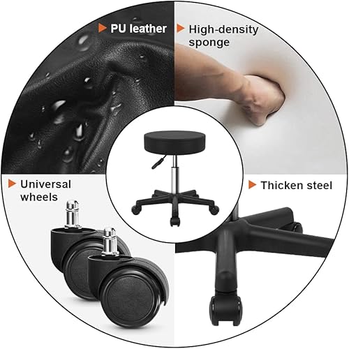 Miniatura 5 de KKTONER Taburete redondo con ruedas de cuero PU ajustable de altura giratoria para trabajo de dibujo SPA Taburetes de salón con ruedas (azul)