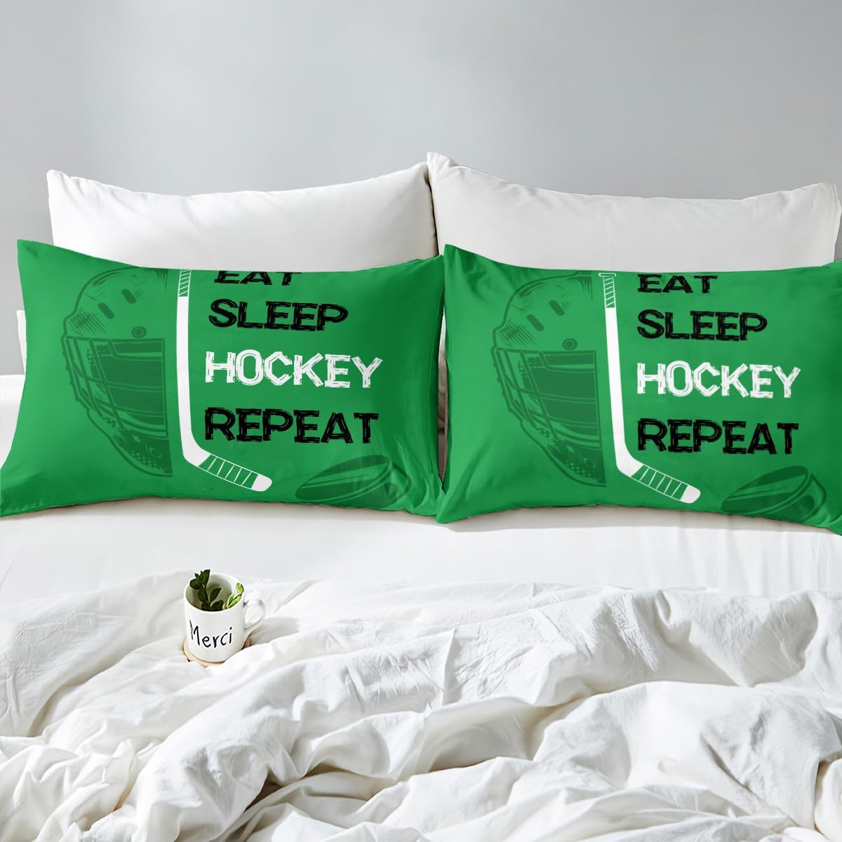 Erosebridal Ice Hockey Fitted Sheet for Hockey Fan,Eat Sleep Hockey Bed Sheets,Lime Green Hockey Bed Set,Hockey Player Bedding Set 3pcs Wrinkle Free,no Top Sheet,Full
