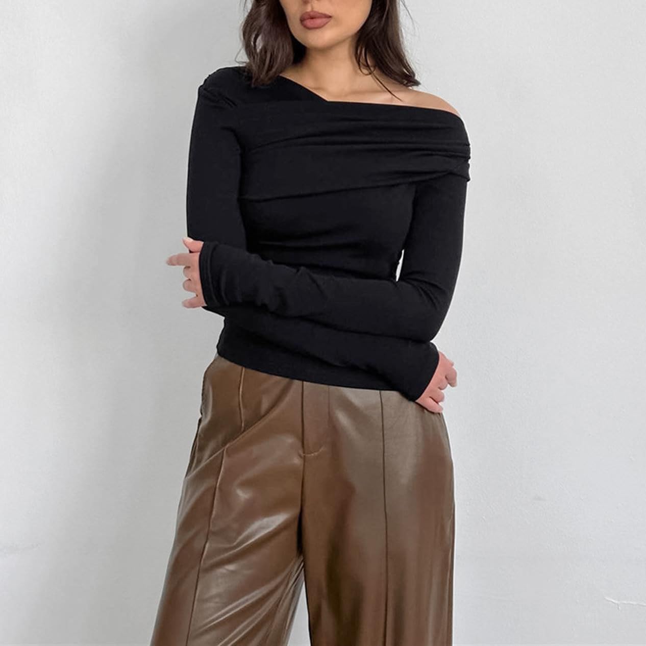 hixswnu Casual Manga Larga Barco Cuello Hombro Slim Fit Crop Top Salida Blusas Camisas apretadas de Las Mujeres