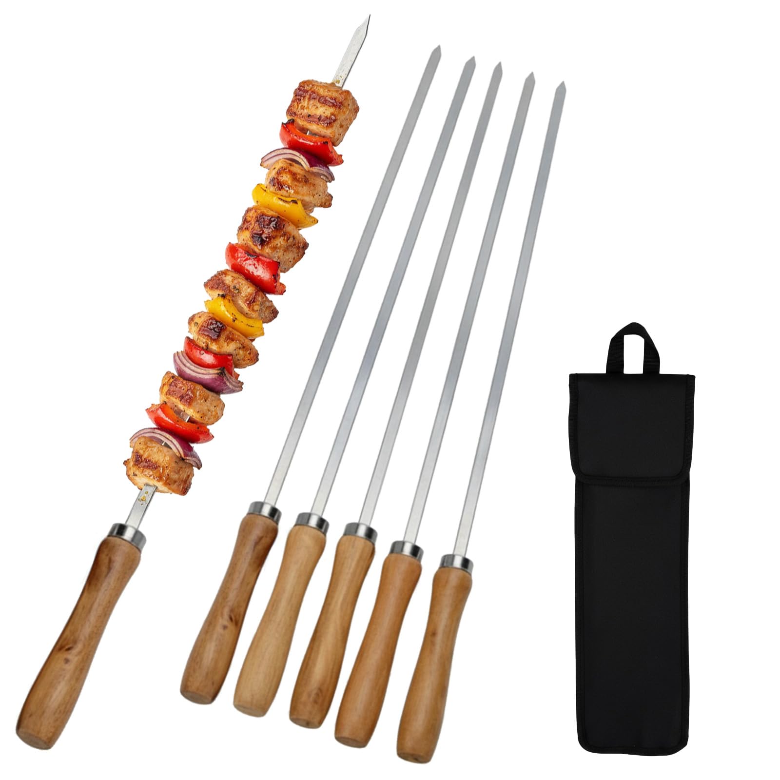 12 Pcs 42cm Round-Headed Kebab Skewers Stainless Steel BBQ Skewers with Wooden Handles Reusable Barbecue Kebab Sticks for Grilling Meat Vegetables
