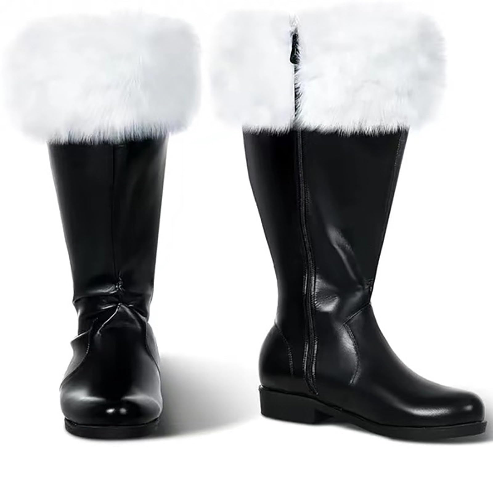 Botas de Papá Noel para hombre de pantorrilla ancha, con revestimiento blanco de piel sintética y cremallera lateral para disfraz de Navidad, accesorio Cosplay con puños blancos