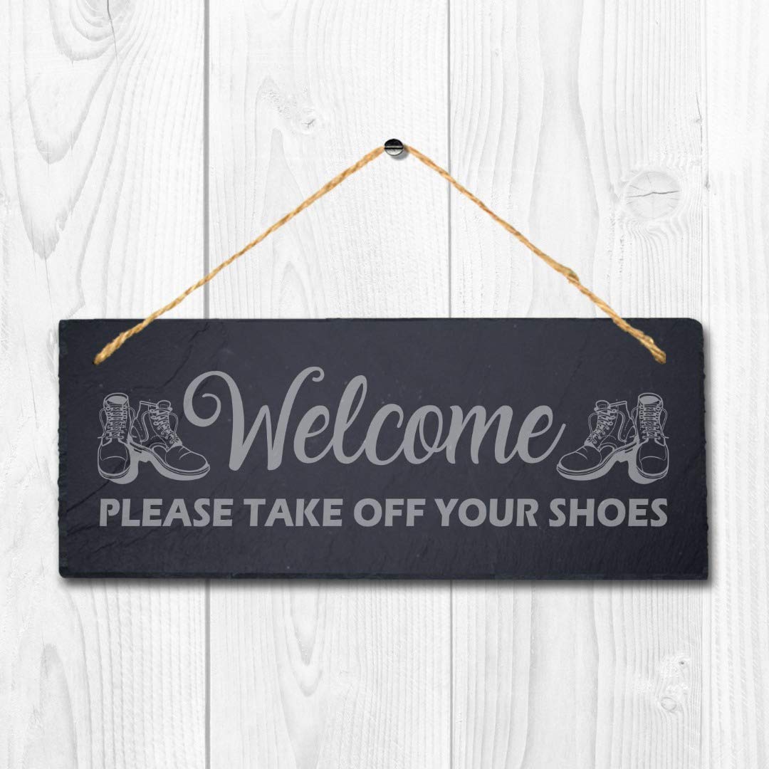 Stukk Natural Engraved Slate Stone Plaque Welcome Please Take Off Your Shoes Laser Hanging Home Sign, 30X12cm (Large)
