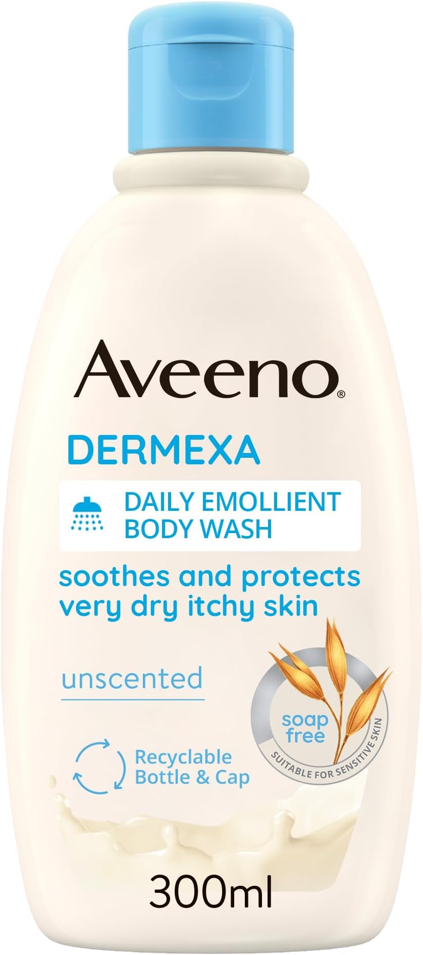 Aveeno Dermexa Daily Emollient Body Wash, With Soothing Oat Complex and Ceramides, Suitable For Sensitive Skin, Soothes & Protects Very Dry Itchy Skin, Unscented, Soap Free, 300ml
