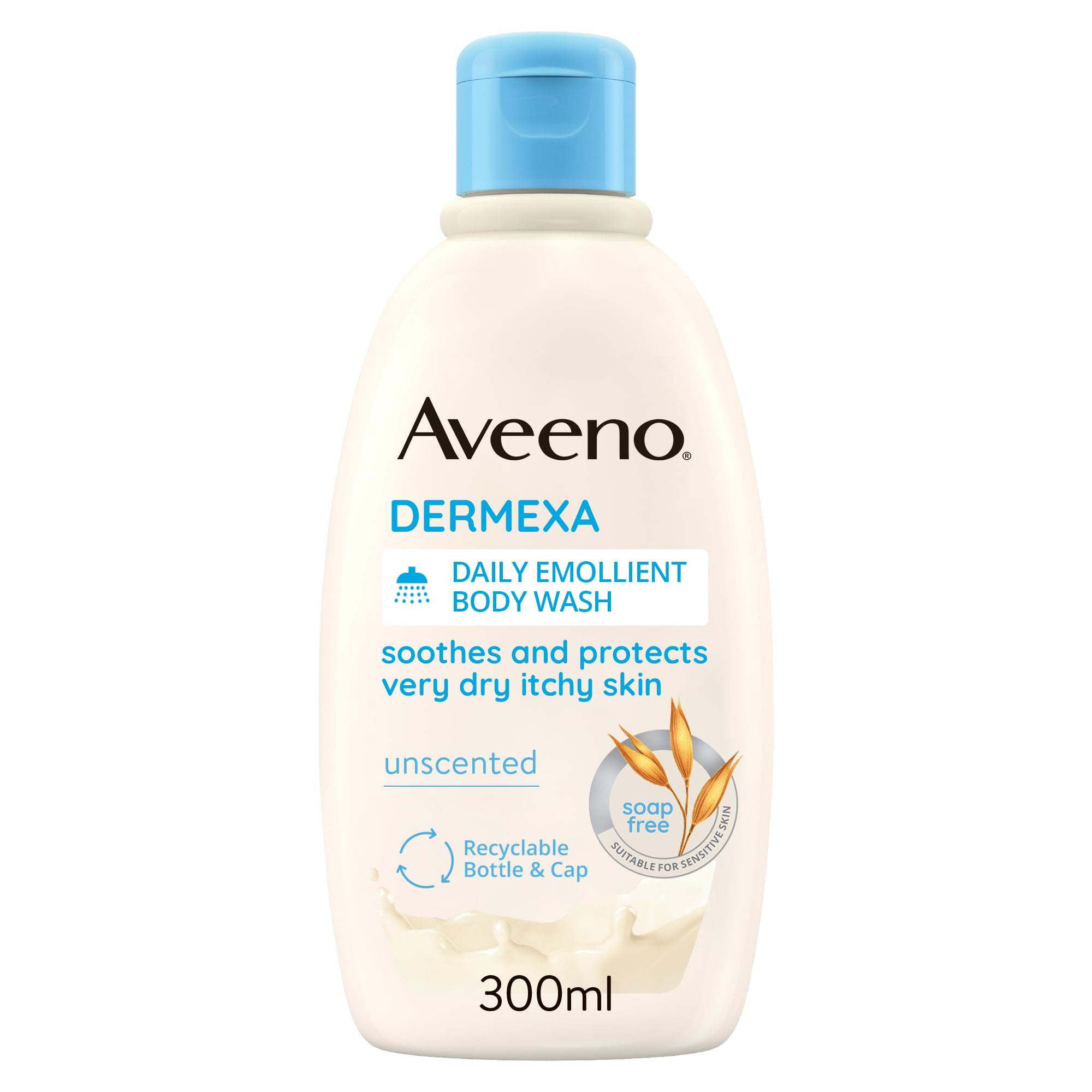 AveenoDermexa Daily Emollient Body Wash, With Soothing Oat Complex and Ceramides, Suitable For Sensitive Skin, Soothes & Protects Very Dry Itchy Skin, Unscented, Soap Free, 300ml