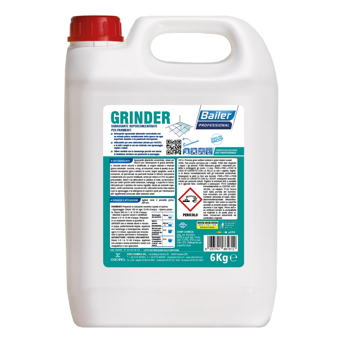 Grinder Sgrassante Superconcentrato per Pavimenti, Tanica 6 kg, elimina lo sporco da ogni superficie lavabile e da pavimenti microporosi