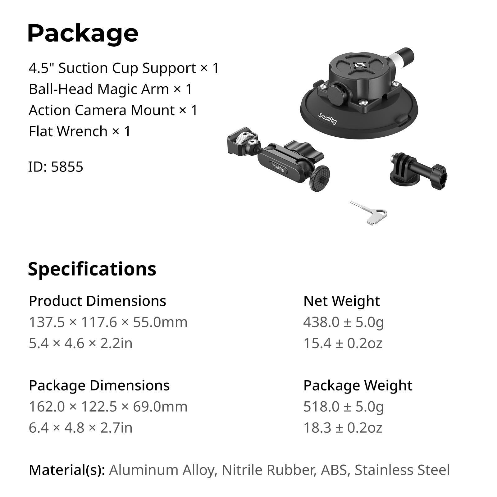 SMALLRIG 4,5" Suction Cup Mount mit Kugelkopf-Zauberarm, Halterung für Action-Kameras für DJI Osmo Action 6/5/4, für Insta360 x5, für Gopro 13, Tragfähigkeit 1.5 kg, an Autoscheibe oder Fenster - 5855