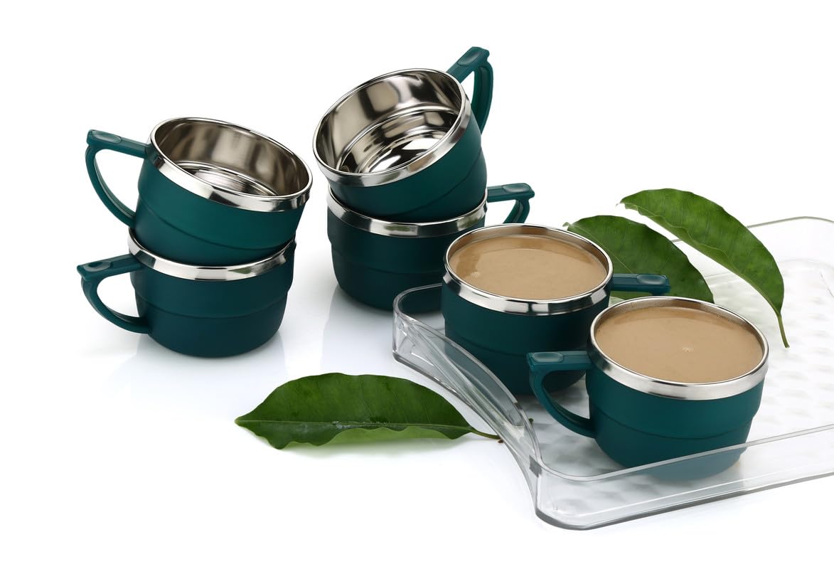 HAPPI Tea Cups Set Coffee Mug Insulated Stainless Steel Inner Stylist Double Wall Cup for Home Office Restaurant Use Tea Mugs Set of 6 (Bottle Green)