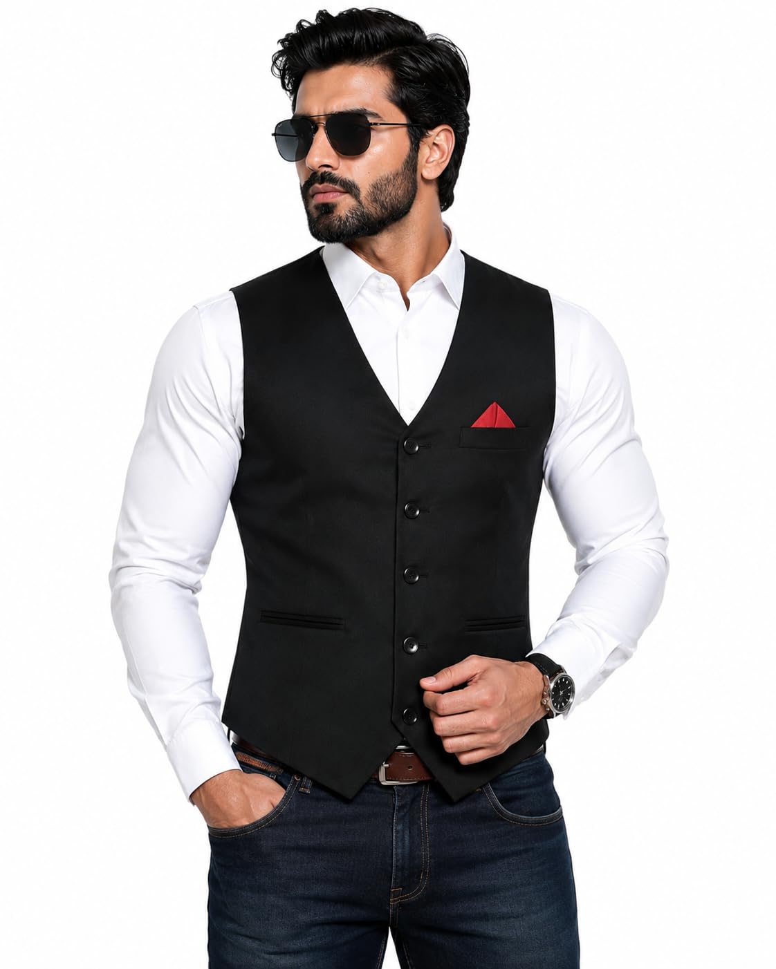 Men's Black Formal Waistcoat | Slim Fit Solid Vest | Premium Sleeveless Blazer Jacket for Wedding, Party, Office, Business, Hotel, Restaurant & Hospitality Uniform-image-23