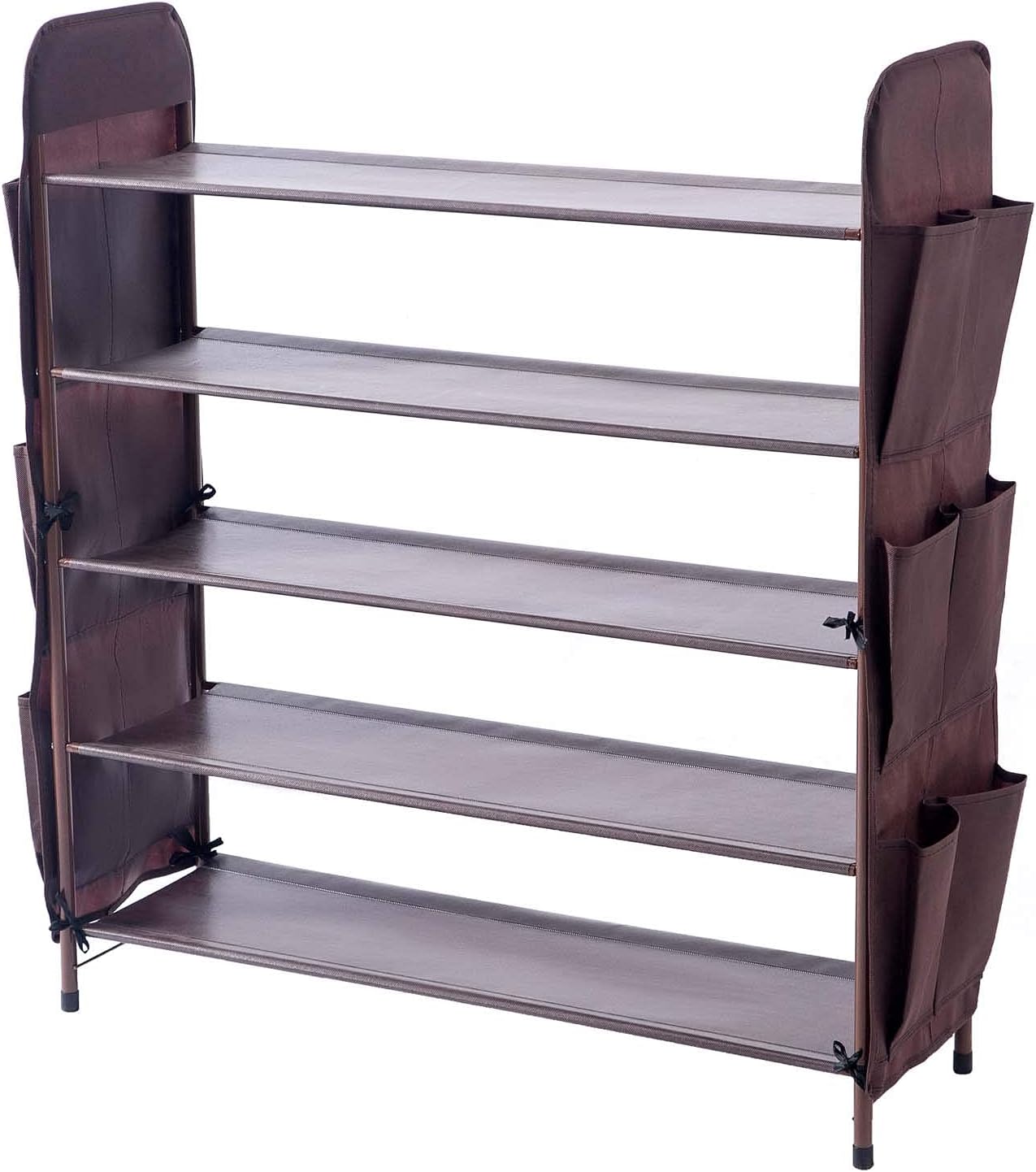 UDEAR Shoe Rack Free Standing Shoe Organizer,5-Tier with Side 12 Shoes Pockets,31.5inches Wide,Brown