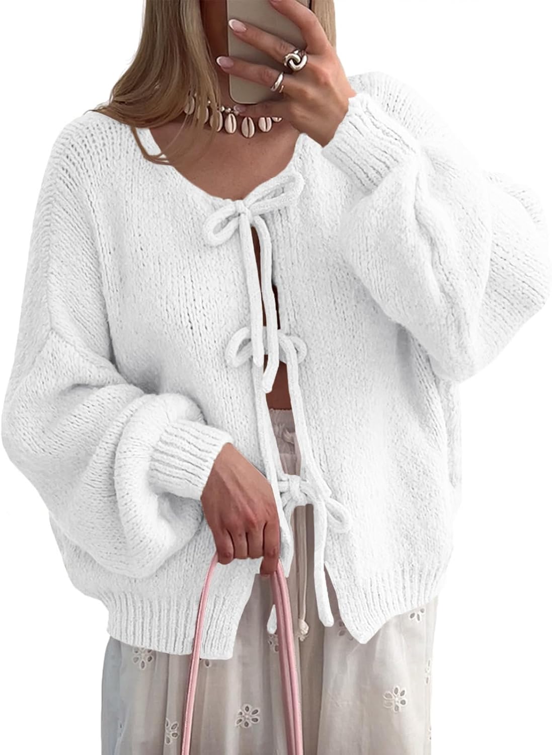 UNCLECAT Womens Bow Tie Front Cardigan Sweaters Oversized Fall Open Front Cardigans Cute Loose Knit Tops