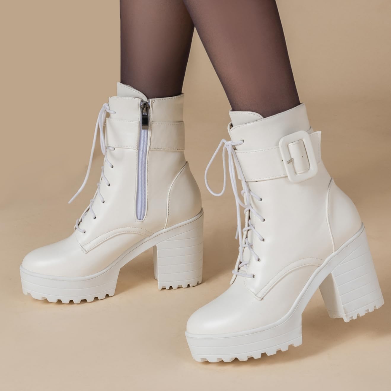 BEAUPAS Women's Goth Punk Platform Boots High Heel Ankle Boots Lace Up Chunky Heel Buckle Combat Boots Block Heel Motorcycle Booties Round Toe Shoes