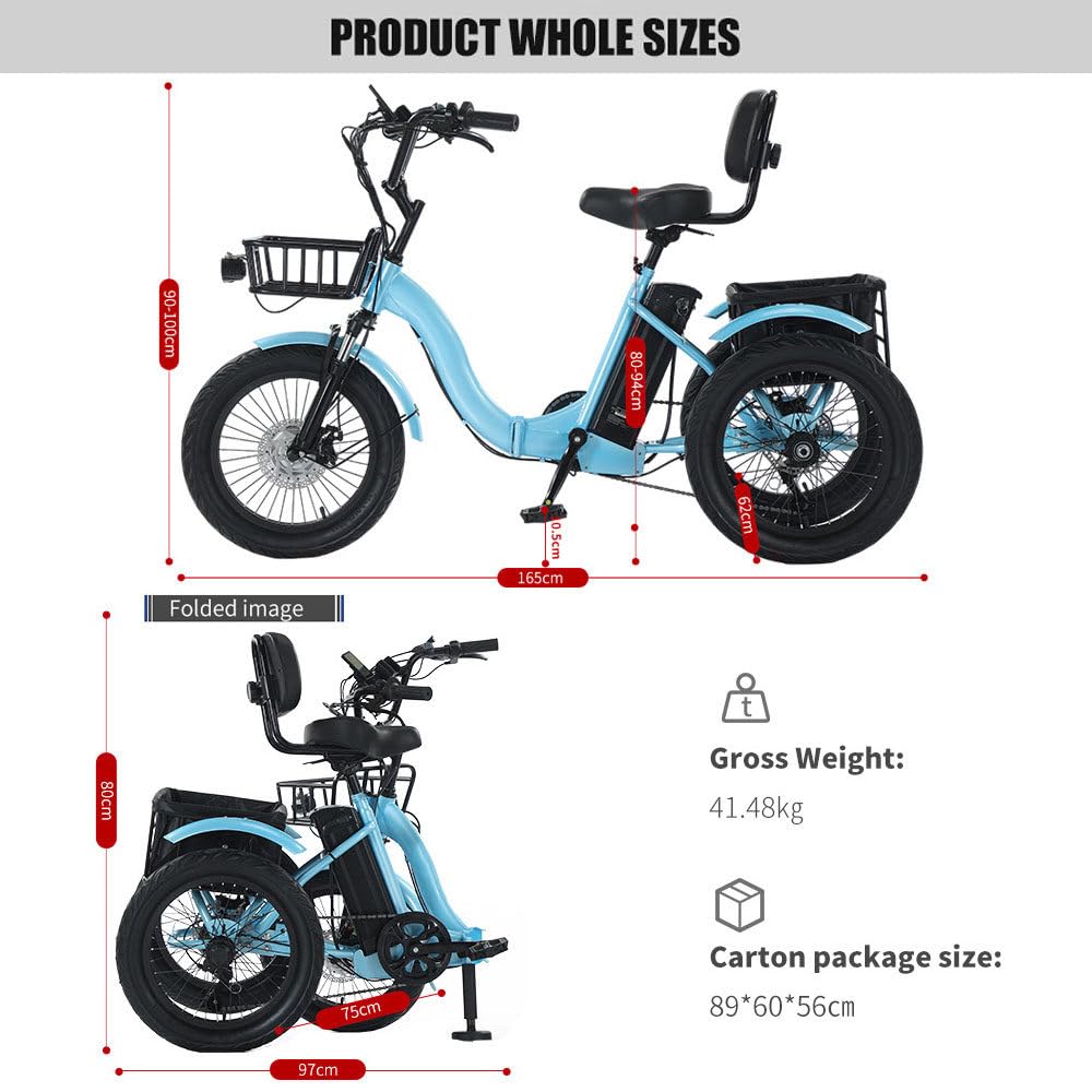 E-Bike Erwachsene Elektro-Dreirad 18 Zoll faltbar mit Tretunterstützung, bequemer Sitz, 2 Gepäckkörbe 30 kg, ideal für Steigungen Einkauf blau