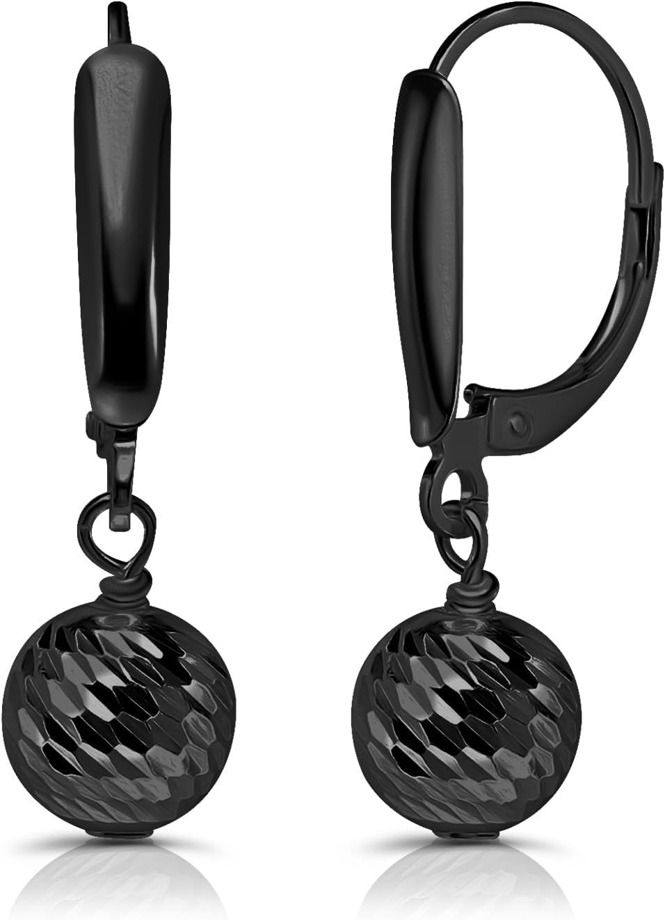 Hoops & Loops 925 Sterling Silver Diamond-Cut Beads Dangle Leverback Earrings, 8mm or 10mm | Silver, Yellow Gold, Rose Gold, Black