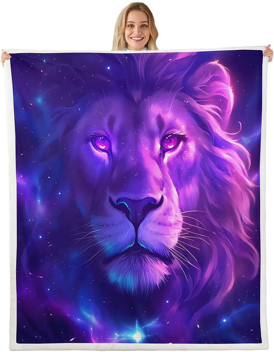 Feelyou Lion Fleece Throw Blanket Twin 60"x80" Kids Safari Print Plush Blanket for Bed Sofa Couch 3D Wild Animal Pattern Sherpa Blanket Purple Fuzzy Blanket Room Decor