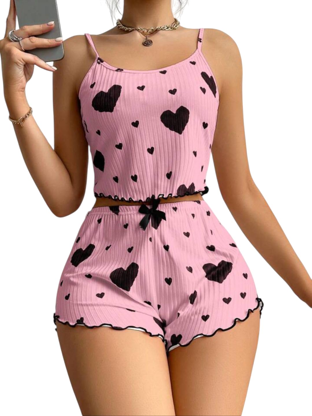 Heart Print Babydoll Lingerie Bodysuit, Knitted Fabric, 2 Piece-image-8