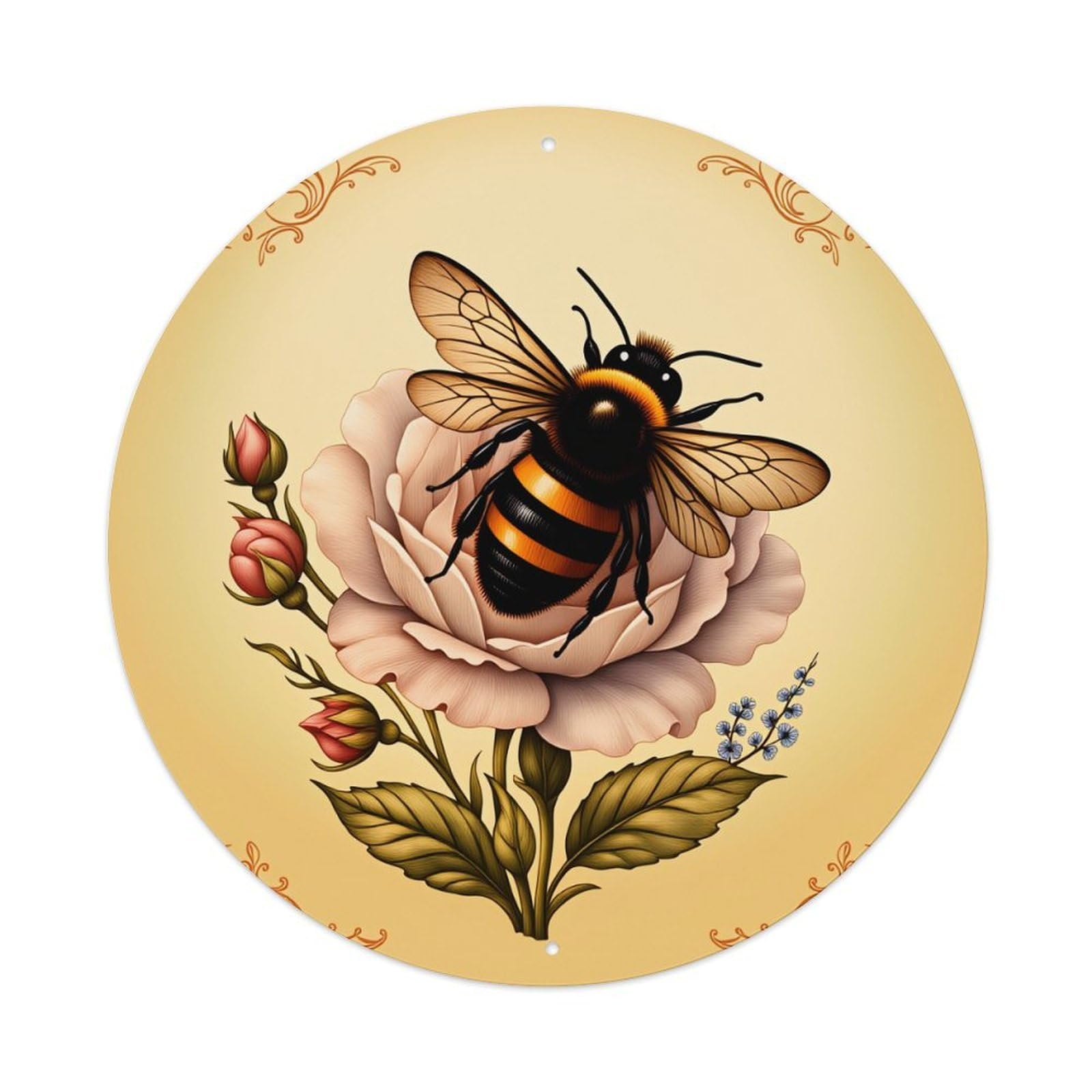 Lvalogy Style Bee On Rose With Floral Accents And Ornate Corners Metal Tin Sign Plaque