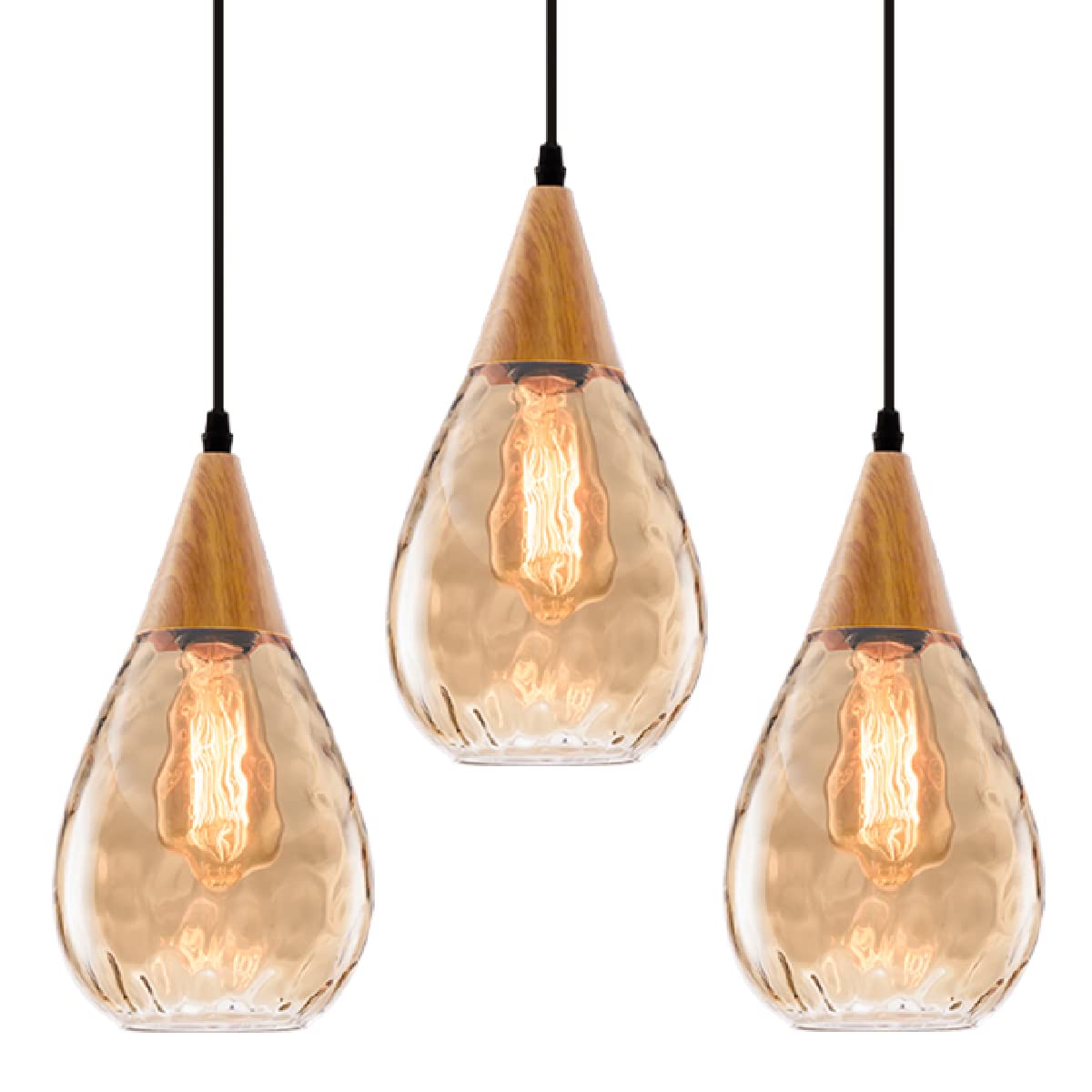 3 Packs Pendant Light with Teardrop Glass Adjustable Nylon Core Contemporary Medium-Ceiling Lights for Kitchen Island Coffee Table Work Area Dining Room(Bulb Not Included)