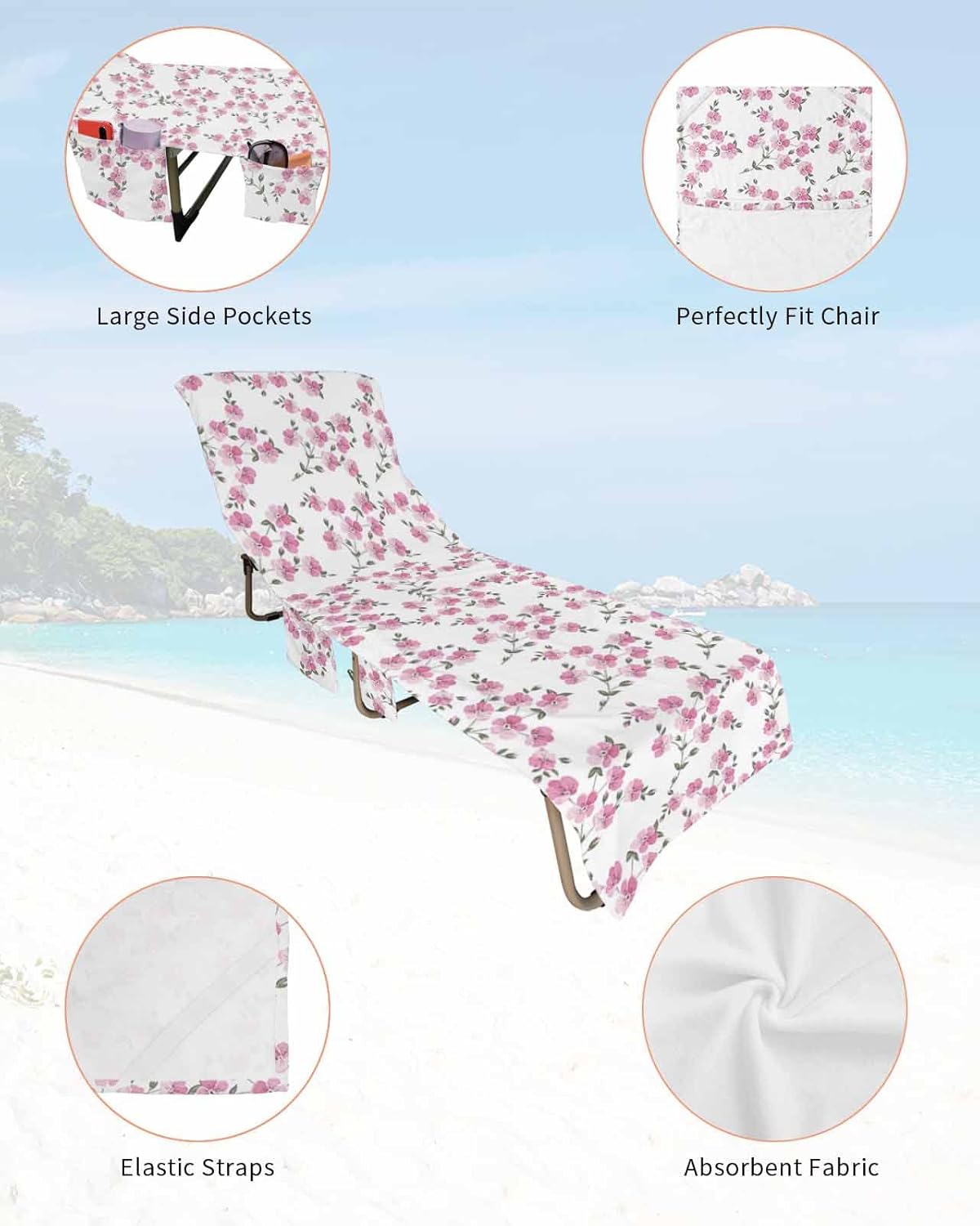 Florals Leaves Beach Pool Patio Lounge Chaise Chair Cover Towel With Pockets,Absorbent & Quick Dry Microfiber Towel Cover Bag Summer Sunbathing Accessories Summer Fall Country Rustic Botanical Plant