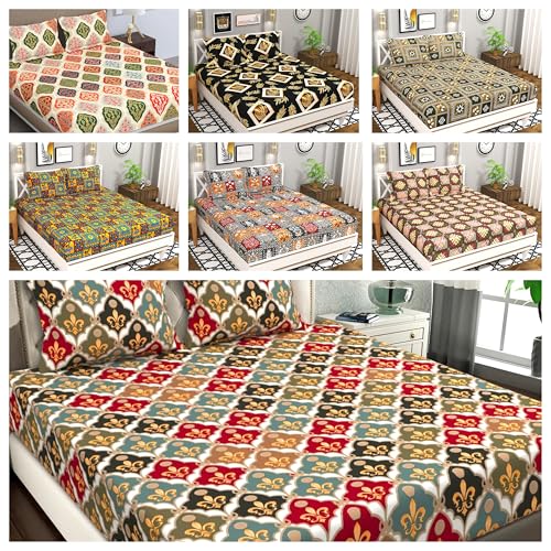 Image of HOMEKART Combo of 7-Piece Double Bedsheet Set - Jaipuri Designs, Perfect for Every Bedroom Ultra Soft, Fade-Resistant & Durable Breathable & Wrinkle Free Bed Sheet with 14 Pillow Covers-Multicolour