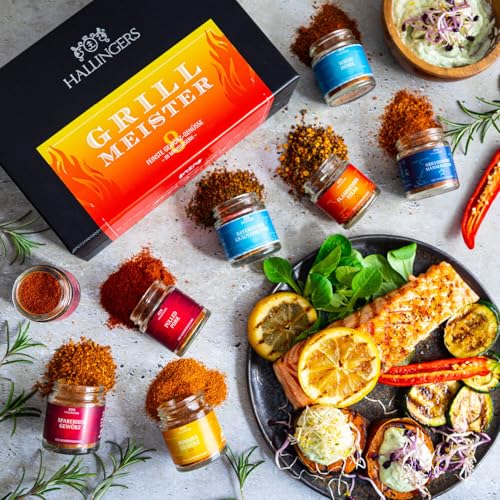 Hallingers Grillmeister - 8 Sorten BBQ Gewürze Geschenkset handgemacht, 8 Grill-Gewürze Set aus aller Welt in edler Box (Set) - Geschenkideen Weihnachten & Geschenke Adventskalender | Geburtstag Glück