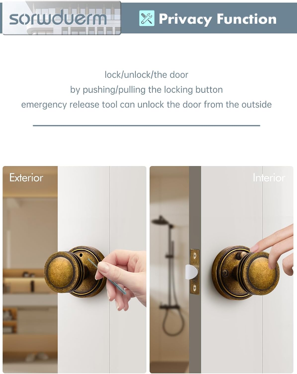 1 Pack Antique Brass Bronze Door Knob Interior Privacy Door Knobs with Lock Door Handle Bedroom and Bathroom Zinc Alloy